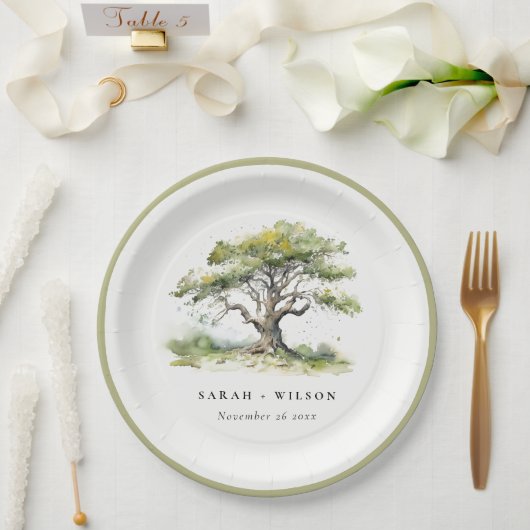 Elegante minimale groene Waterverf eikenboom bruil Papieren Bordje (Huwelijk)