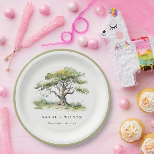 Elegante minimale groene Waterverf eikenboom bruil Papieren Bordje (Feest)