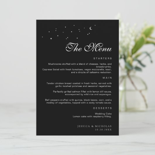Elegante minimale hemelse zwart-wit bruiloft menu (Staand voorkant)