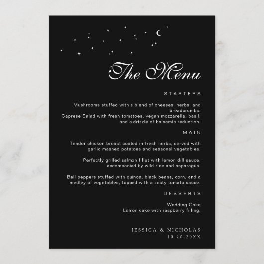 Elegante minimale hemelse zwart-wit bruiloft menu (Voorkant)