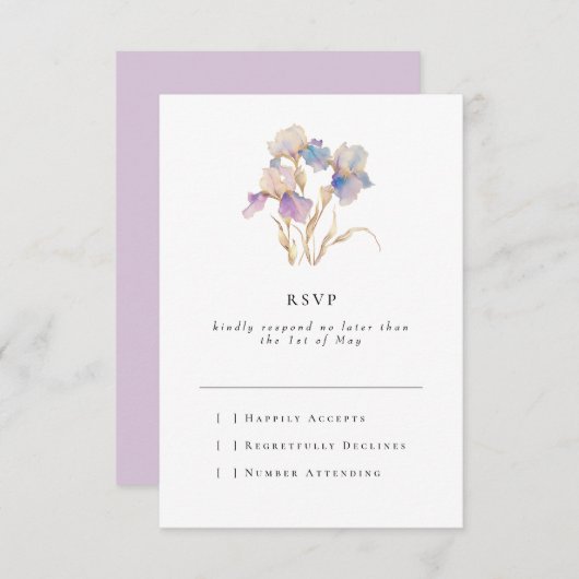 Elegante minimale iris bloemig RSVP kaartje (Voorkant / Achterkant)