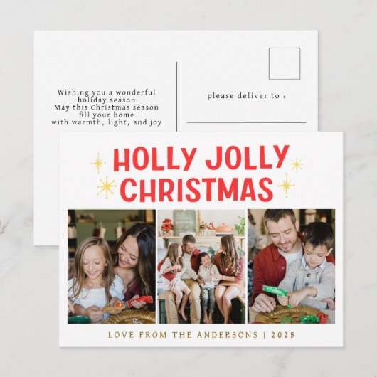 Elegante minimale kerst | Moderne familie 3 foto Feestdagenkaart (Voorkant / Achterkant)