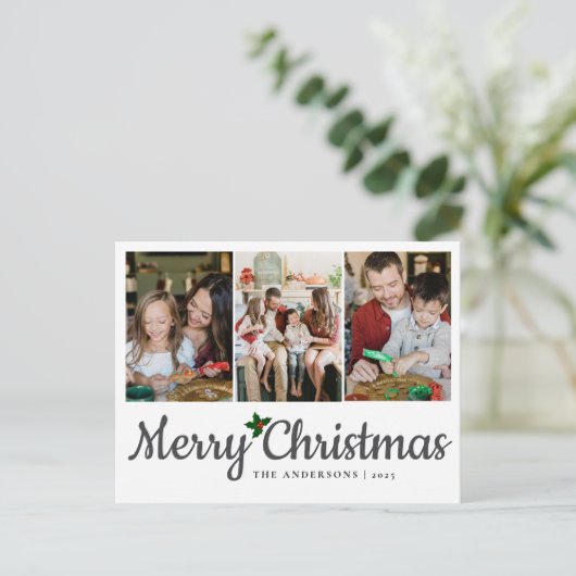 Elegante minimale kerst | Moderne familie 3 foto Feestdagenkaart (Staand voorkant)