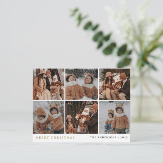 Elegante minimale kerst | Moderne familie 6 foto Feestdagenkaart (Staand voorkant)