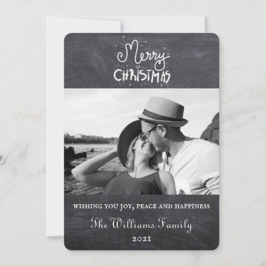Elegante minimale krijtbord kerstscript foto feestdagenkaart (Voorkant)