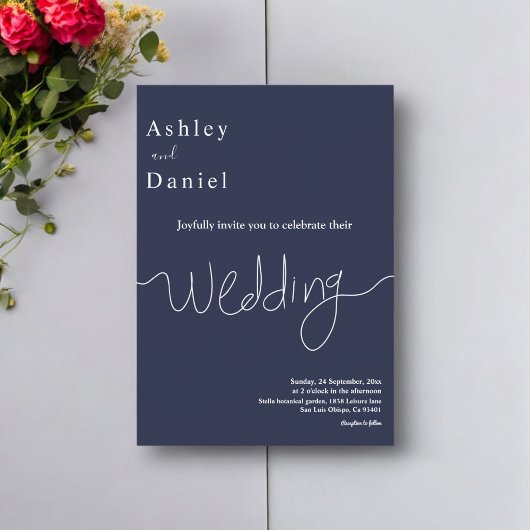 Elegante minimale marine blauw wit moderne bruilof kaart