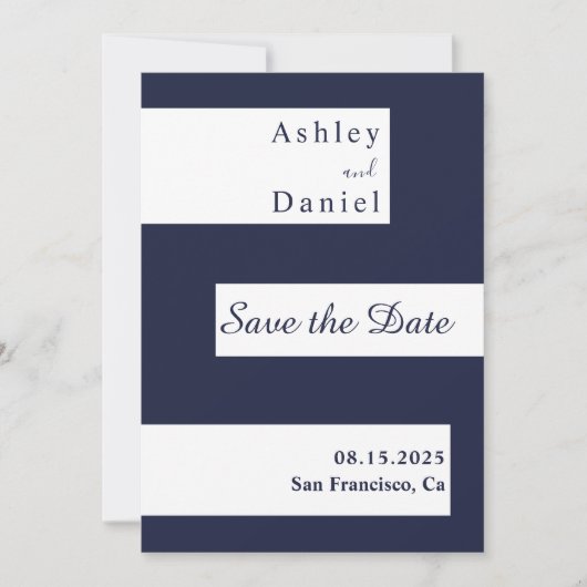 Elegante minimale marine blauw wit moderne bruilof save the date (Voorkant)