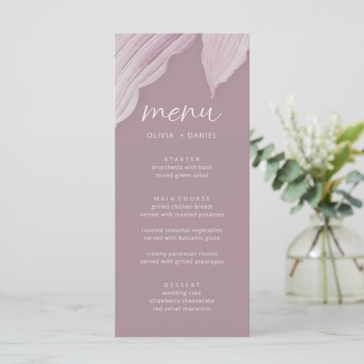 Elegante minimale Mauve Leaf bruiloft Menu (Staand voorkant)
