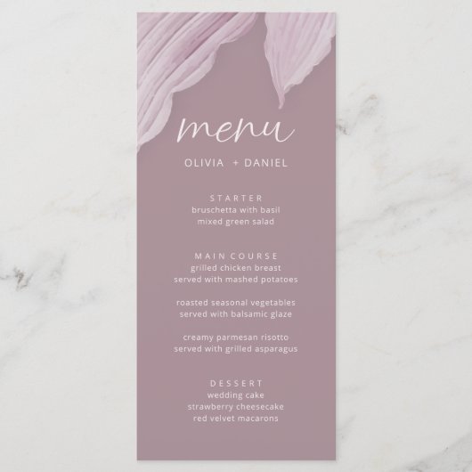 Elegante minimale Mauve Leaf bruiloft Menu (Voorkant)