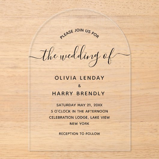 Elegante minimale moderne script bruiloft acryl uitnodigingen (Voorkant)