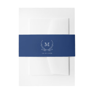 Elegante minimale monogram krans   Marine Blauw Uitnodigingen Wikkel
