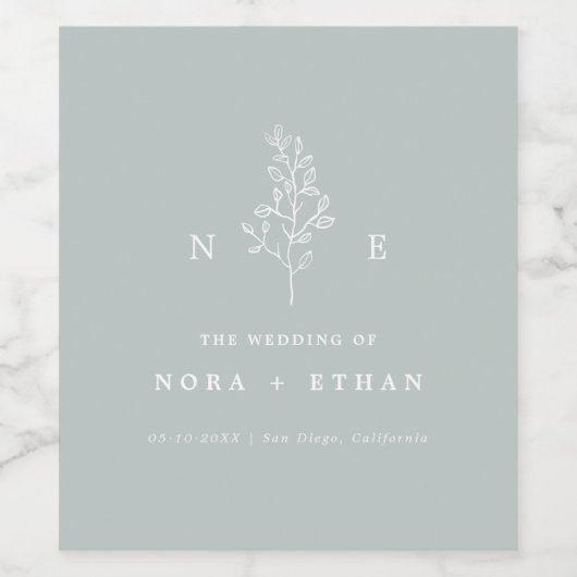 Elegante minimale Monogram Leaf Sage Bruiloft Wijn Etiket (Enkel label)