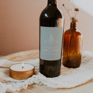 Elegante minimale Monogram Leaf Sage Bruiloft Wijn Etiket