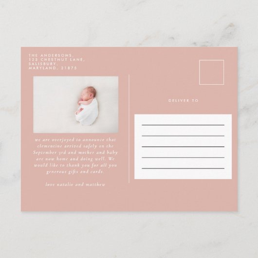 Elegante minimale natuurlijke geboorteaankondiging aankondigingskaart (Achterkant)