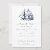 Elegante minimale nautische schip illustratie brui save the date (Voorkant)
