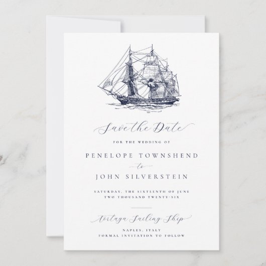 Elegante minimale nautische schip illustratie brui save the date (Voorkant)