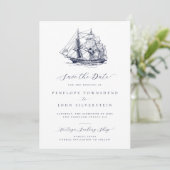 Elegante minimale nautische schip illustratie brui save the date (Staand voorkant)