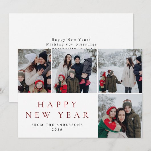 Elegante minimale nieuwjaarsjuichen familie 4 foto feestdagenkaart (Voorkant / Achterkant)