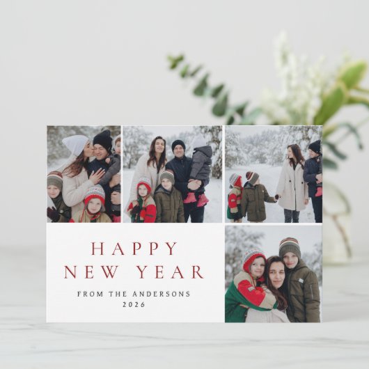 Elegante minimale nieuwjaarsjuichen familie 4 foto feestdagenkaart (Staand voorkant)