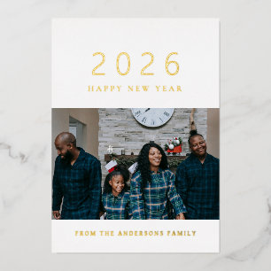 Elegante minimale nieuwjaarsjuichen familiefoto folie feestdagenkaart