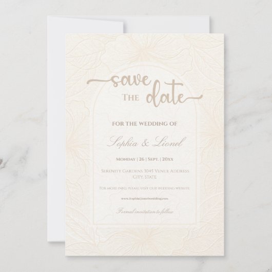 Elegante minimale off witte bruiloft save the date (Voorkant)