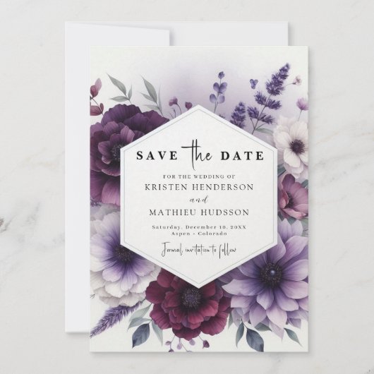 Elegante minimale paarse bloemige trouwdag save the date (Voorkant)