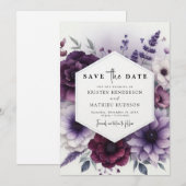 Elegante minimale paarse bloemige trouwdag save the date (Voorkant / Achterkant)