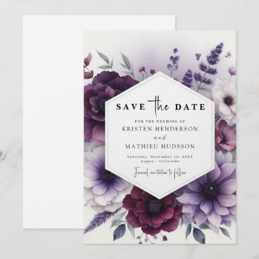 Elegante minimale paarse bloemige trouwdag save the date (Voorkant / Achterkant)