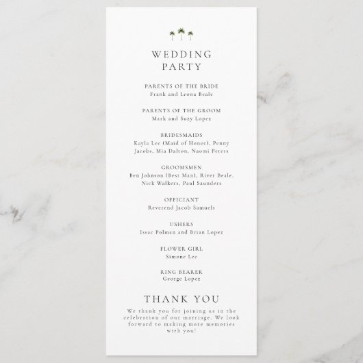 Elegante minimale palmboom bruiloft programmakaart (Achterkant)