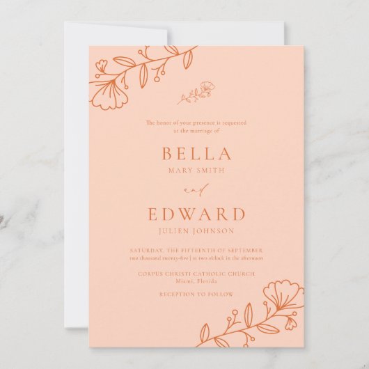 Elegante minimale perzik bloemenbruiloft kaart (Voorkant)