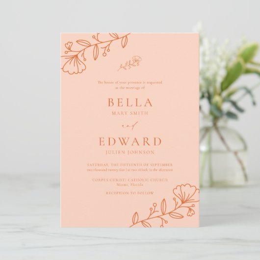 Elegante minimale perzik bloemenbruiloft kaart (Staand voorkant)