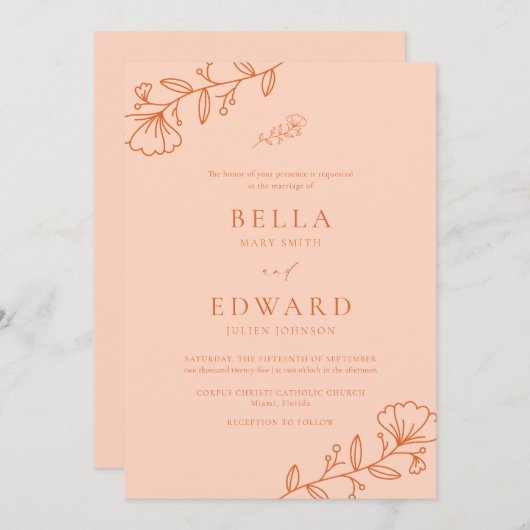 Elegante minimale perzik bloemenbruiloft kaart (Voorkant / Achterkant)