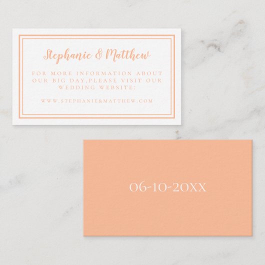Elegante minimale perzik bruiloft website details informatiekaartje (Voorkant / Achterkant)