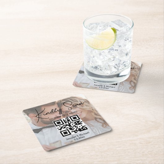 Elegante minimale QR code bruiloft menu foto Kartonnen Onderzetters (Insitu)