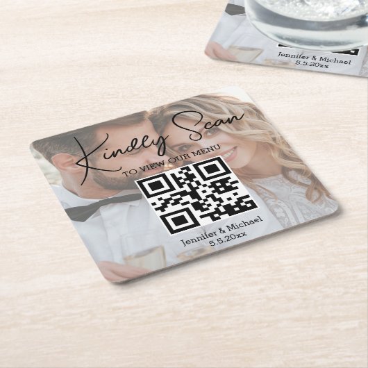 Elegante minimale QR code bruiloft menu foto Kartonnen Onderzetters (Schuin)