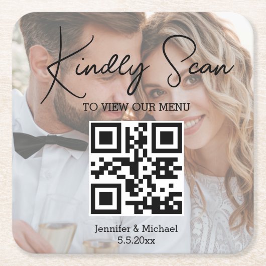 Elegante minimale QR code bruiloft menu foto Kartonnen Onderzetters (Voorkant)