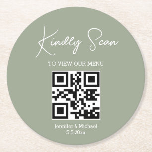 Elegante minimale QR code bruiloft menu groen wit Ronde Kartonnen Onderzetter