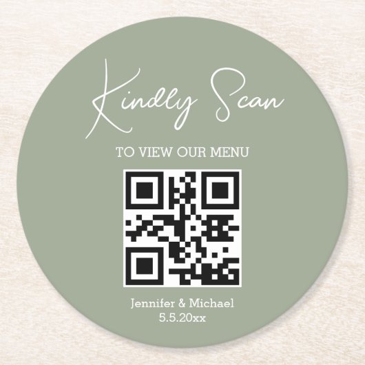 Elegante minimale QR code bruiloft menu groen wit Ronde Kartonnen Onderzetter (Voorkant)