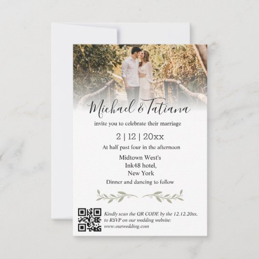 Elegante minimale QR-code RSVP foto bruiloft Kaart (Voorkant)