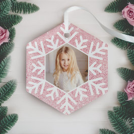 Elegante minimale roze glitter sneeuwvlok foto glas ornament