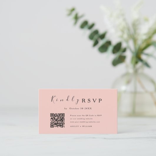 Elegante minimale RSVP QR Code Blush Roze Bruiloft Informatiekaartje (Staand voorkant)