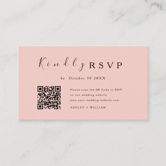 Elegante minimale RSVP QR Code Blush Roze Bruiloft Informatiekaartje (Voorkant)