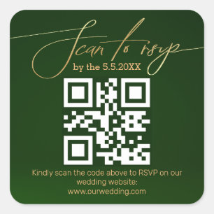 Elegante minimale RSVP QR-code bruiloft groen goud Vierkante Sticker