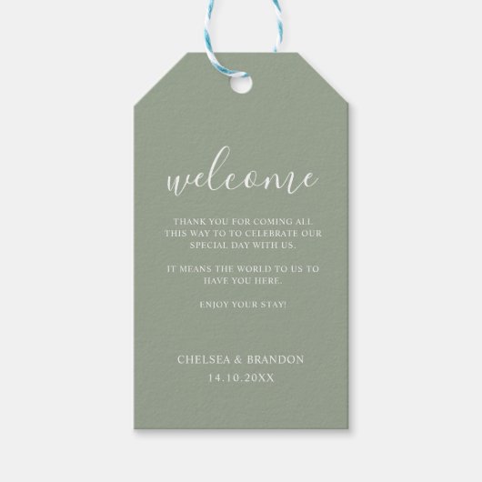 Elegante Minimale Rustieke Saliegroene Trouwbegroe Cadeaulabel (Voorkant)