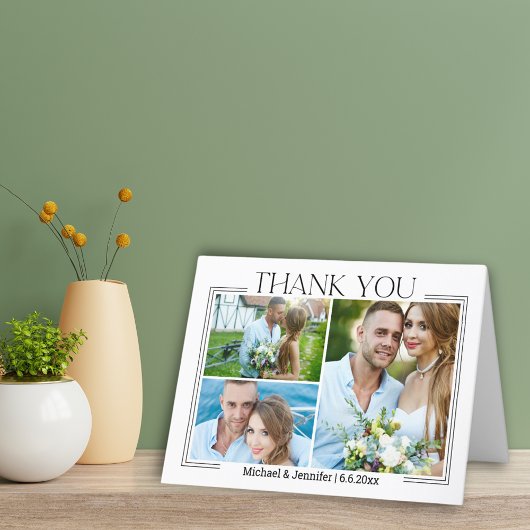 Elegante minimale script bruiloft 3 foto's collage bedankkaart