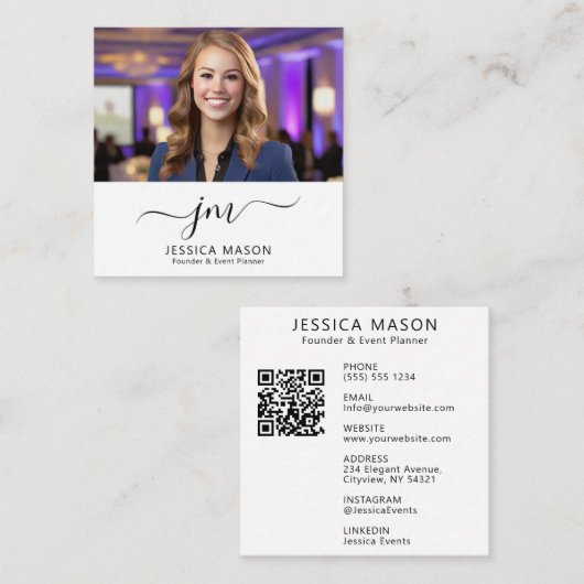 Elegante minimale script kalligrafie monogram foto vierkante visitekaartje (Voorkant / Achterkant)