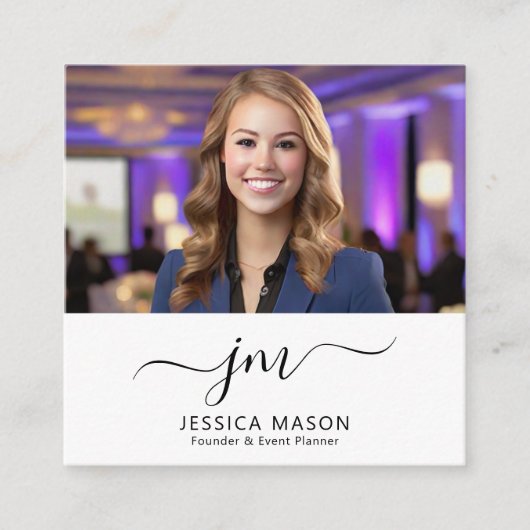 Elegante minimale script kalligrafie monogram foto vierkante visitekaartje (Voorkant)