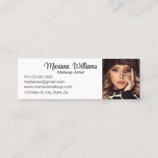 Elegante minimale script make-up kunstenaar foto mini visitekaartje (Voorkant)