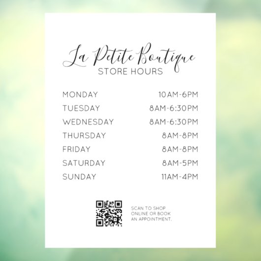 Elegante minimale Script Store Uren QR-code Raamsticker (Vel 3)