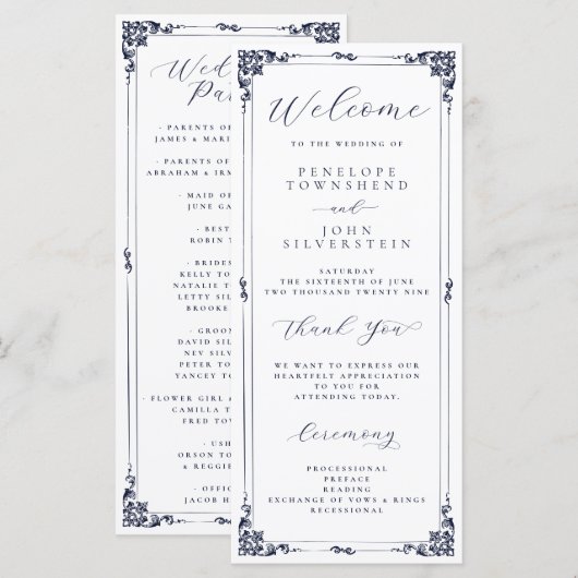 Elegante minimale script typografie rand bruiloft programmakaart (Voorkant / Achterkant)